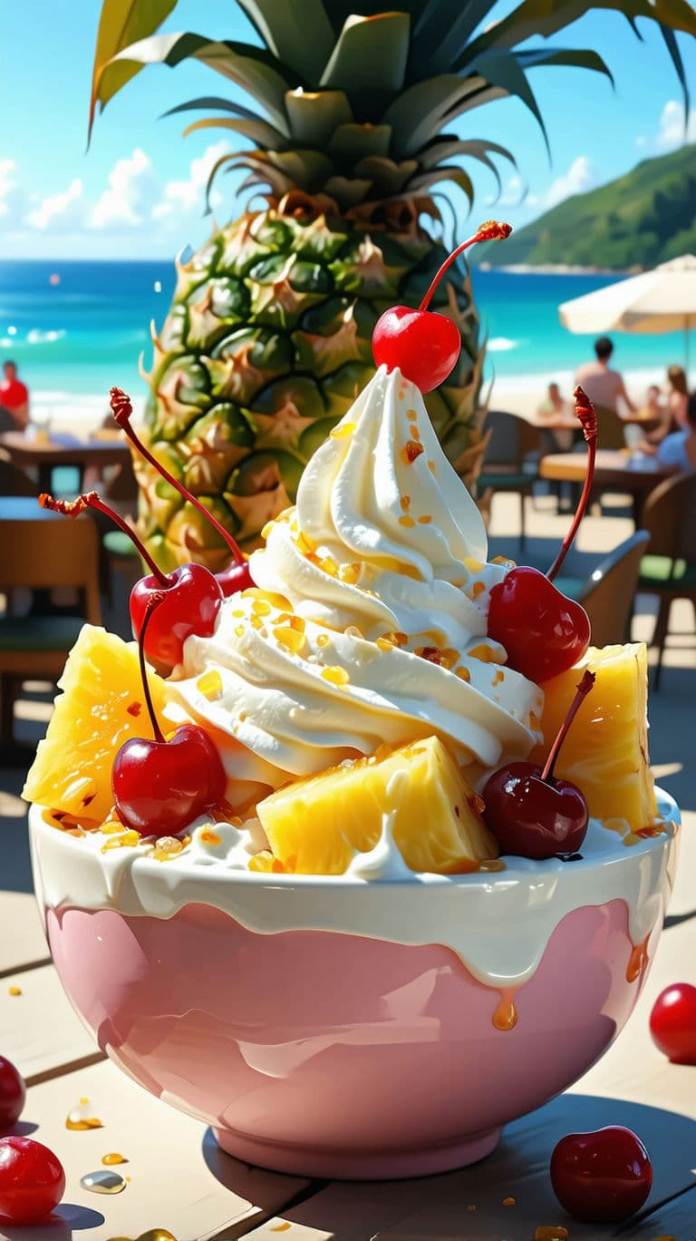 AI generated: bowl of delicious icecream, topped with cream, pineapple, cherries, sprinkeld with chocolate, hi glo...