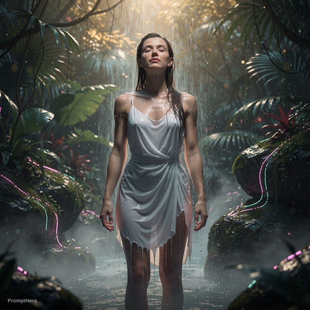 AI generated: A beautiful, tall, Germanic female with long, wet, dark brown hair, a slightly turned up nose and wi...
