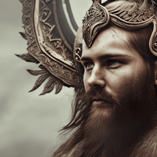 AI generated: Medium closeup of Viking king emerging from wet black mud :: Golden metal helmet with two large wing...
