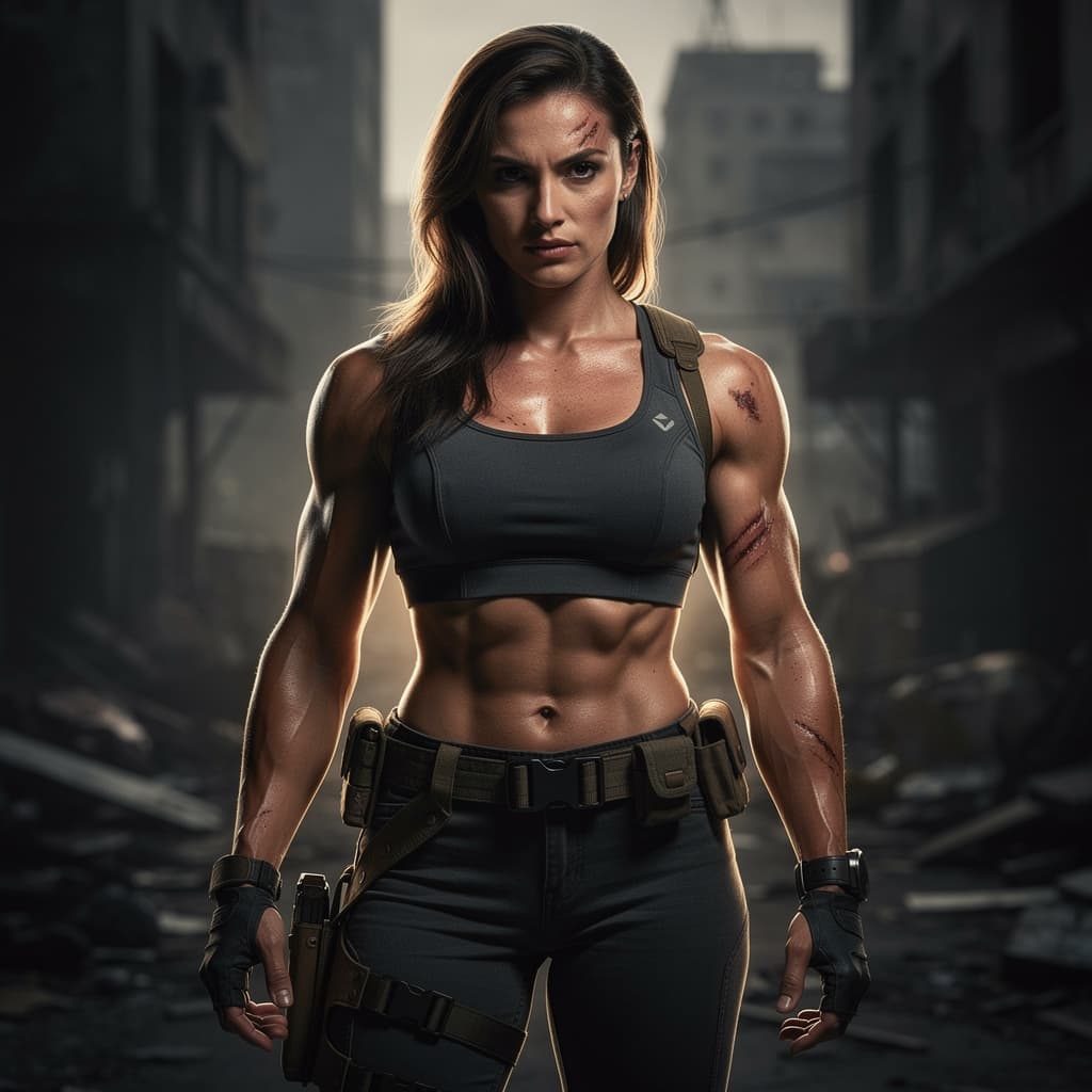 AI generated: , Her body remains strong and athletic, muscular arms, defined abs, resilient physique shaped by sur...
