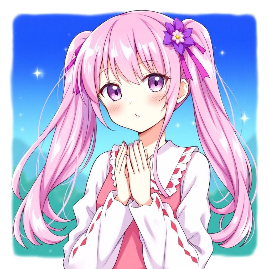 AI generated: hundred_-_sakura_kirishima, pink_hair, long_hair, twintails, hair_ornament, hair_flower, purple_eyes...
