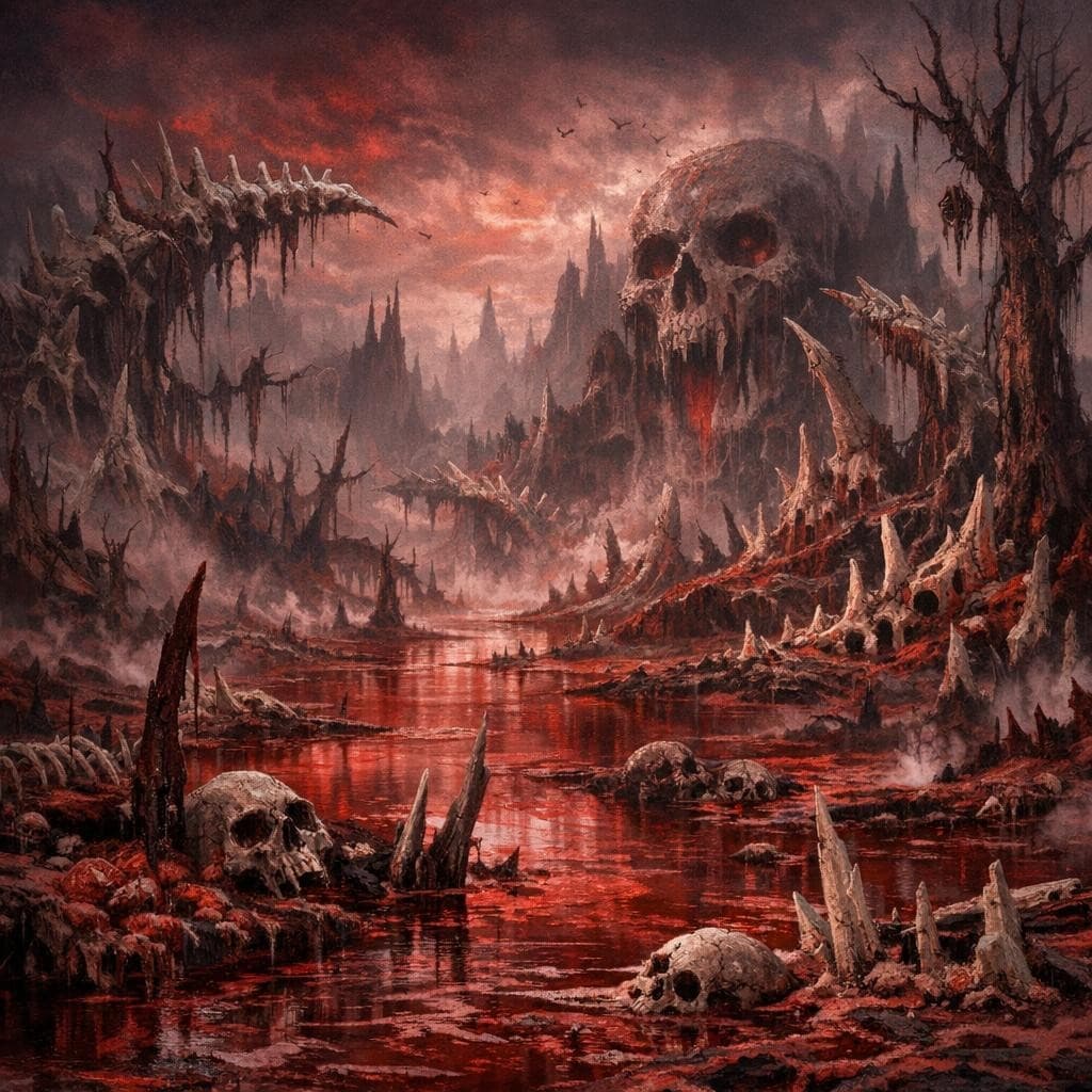 AI generated: Create a new and unique environment/Biome of a The Crimson Bone Marsh (Land of blood and bone)