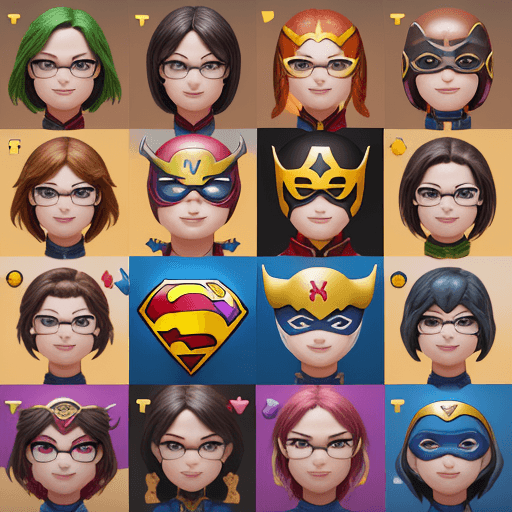 AI generated: table layout of eight unique and realistic super heroes emojis, highly detailed, 8k, octane render