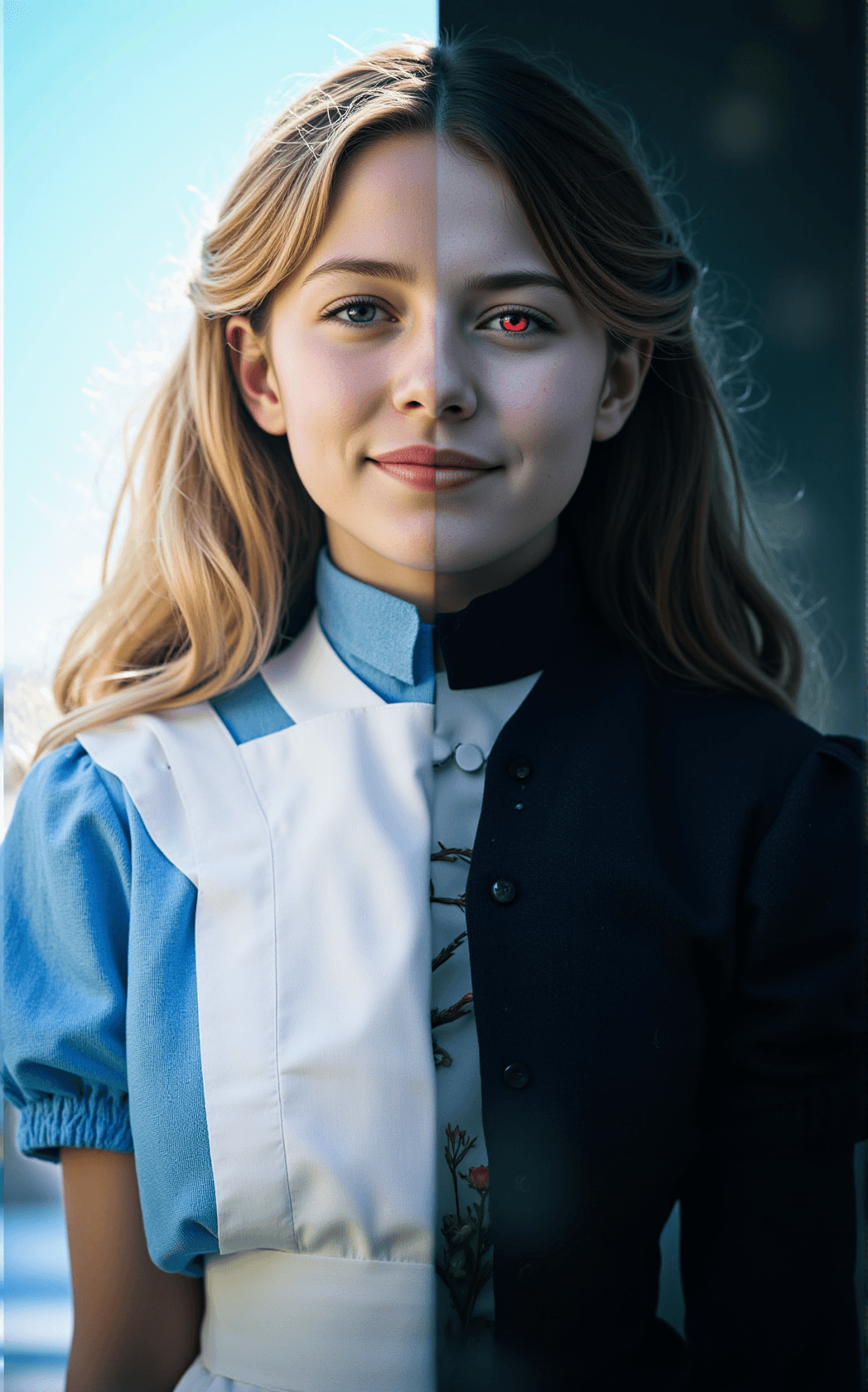 AI generated: Create a double color exposure effect with two contrasting sides: on the left, Alice from 'Alice in ...