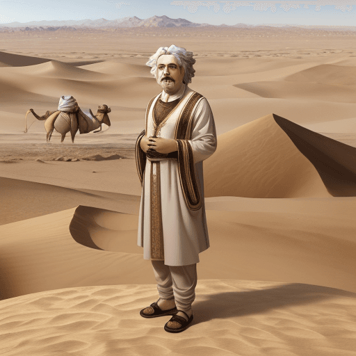 AI generated: Hyper realistic Einstein with an Arabic custome standing at desert and Camel in the background 