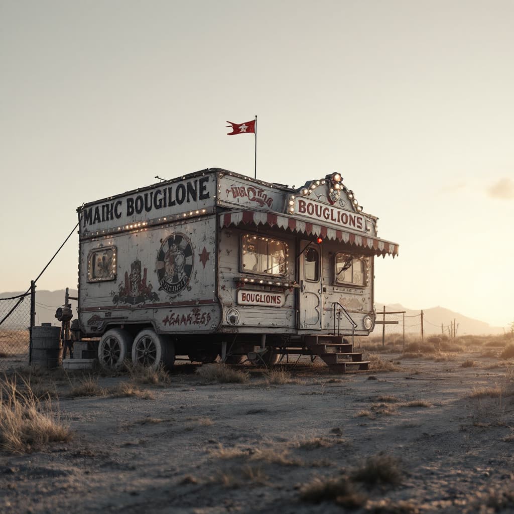 AI generated: 
Photo of an ultra realistic fairground caravan, 
Bouglione marking,
clear light, 
pale sunrise, 
ci...