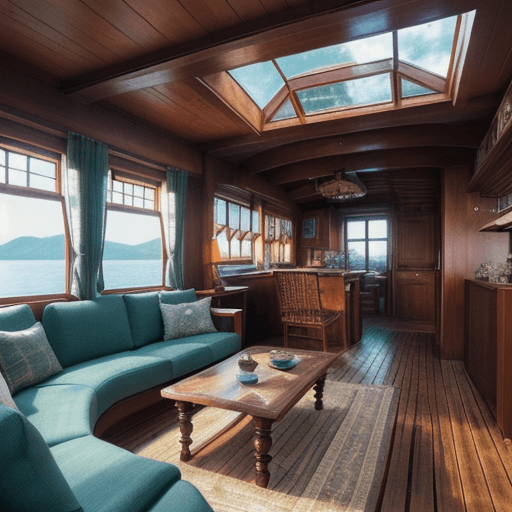 AI generated: houseboat in the water, dreamy sunken living room conversation pit, wooden floor, small windows open...