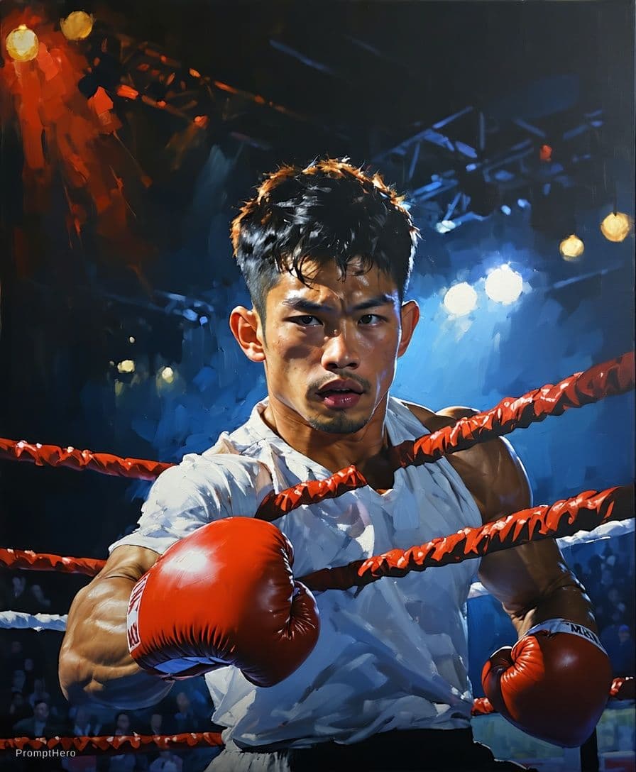 AI generated: centered, masterpiece, a painting of a man in a boxing ring, trending on Artstation, jazza and rossd...