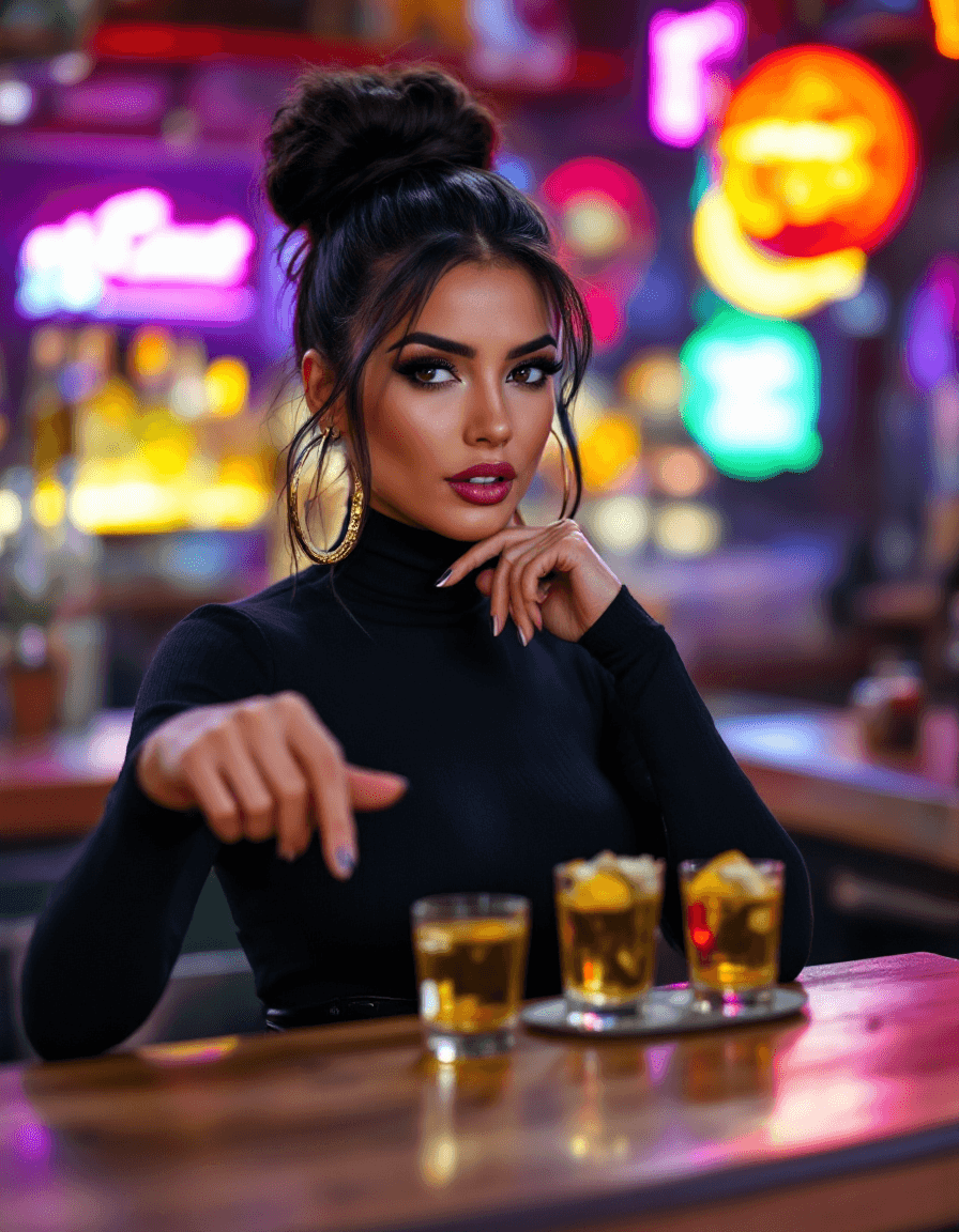 AI generated: Hyper-realistic photo of a gorgeous brunette woman, Hispanic, high bun dark hair, Gold hoop earrings...