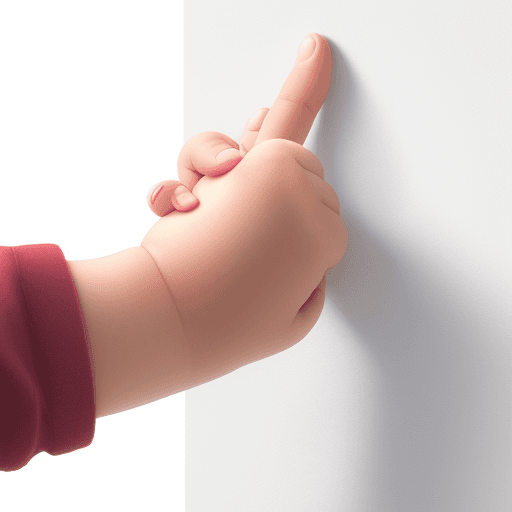 AI generated:  A child's hand closed with the index finger pointing up. The palm of the hand facing the wall. On a...