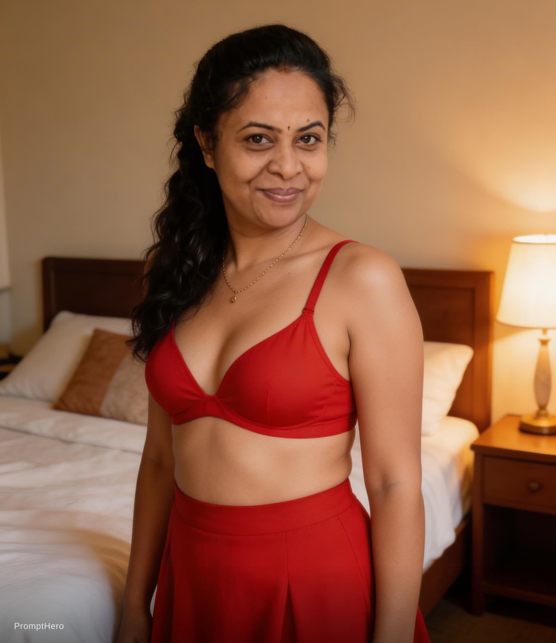 AI generated: Red bra and skirt 40yers old woman in bed room 
