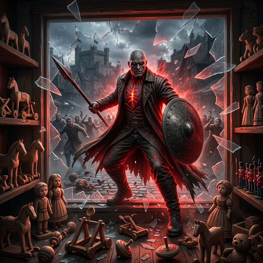 AI generated: a large golem male radiating a red glow busting into a medieval toy store through the front picture ...