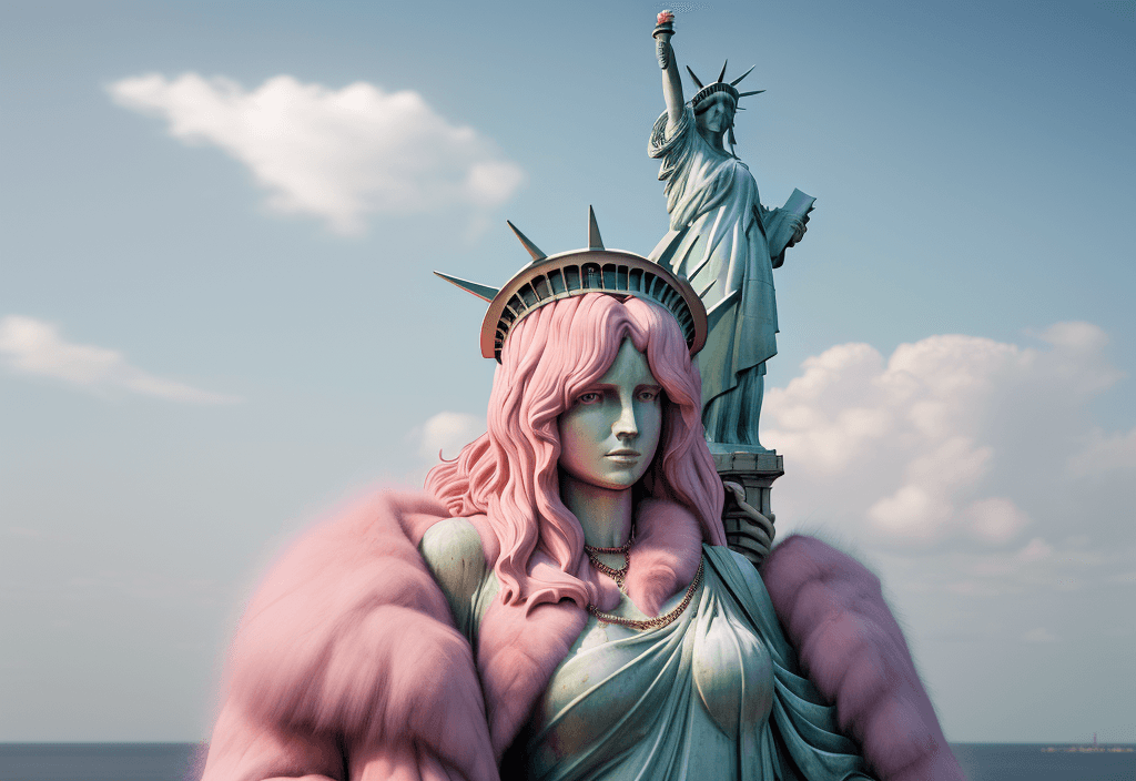AI generated: Statue of Liberty wearing a pink fluffy fur coat, 8k octane rendering, high resolution photography, ...