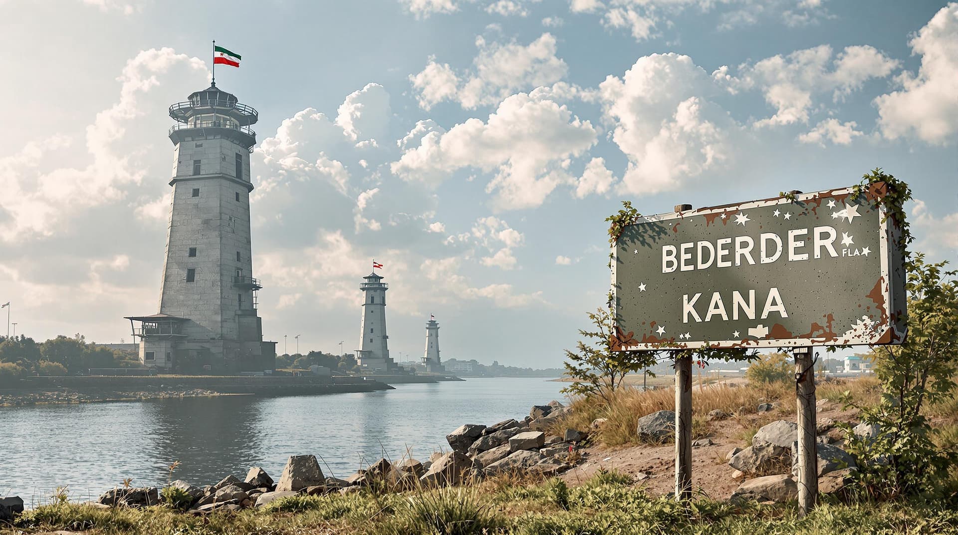 AI generated: Creating an image of a border lanscape. On both sides of the river, tall, imposing military towers s...