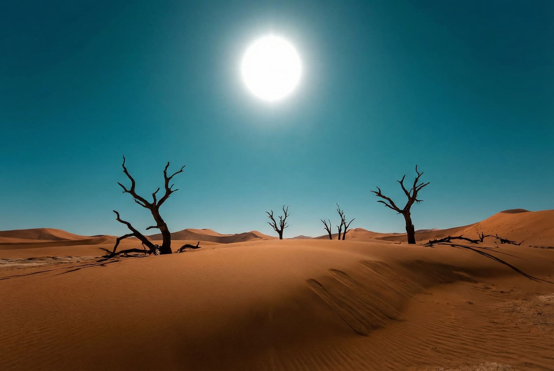 AI generated: a scenic landscape with desert dunes and dead trees but the sky has a more teal color  with no cloud...