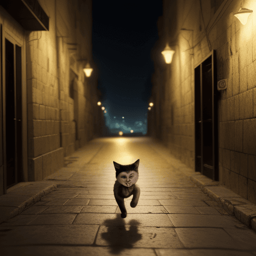 AI generated: a baby cat running and laughing, streets of jerusalem, dark lights, cinematic, hyper realistic, deta...