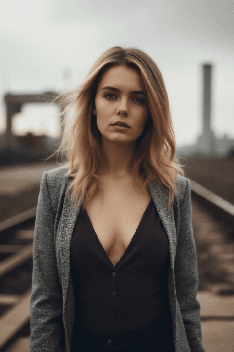 AI generated: Create a photo of a fit adult woman standing on railroad tracks, wearing a gray blazer over a dark b...