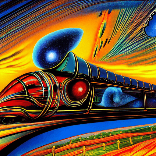 AI generated: Speed train. in cosmos. speeding to plejads. surrealistic. dali style. intricate art work. Cinematic...