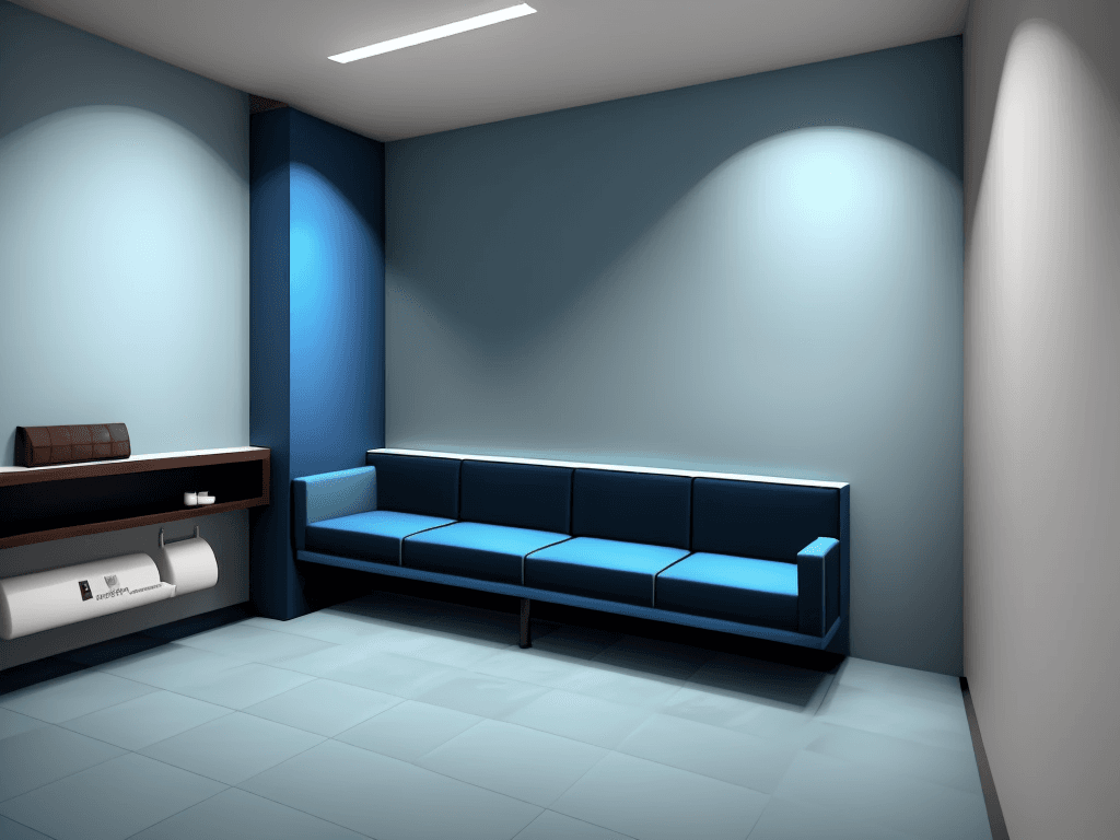 AI generated: medium rest room, in a blue tone, with sofa, bench with coffee, simple corporate environment, televi...