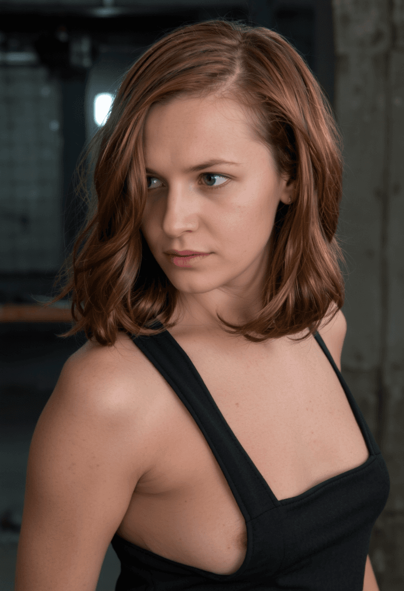 AI generated: A cinematic, photorealistic close-up portrait of a woman with vibrant, copper-red, shoulder-length w...