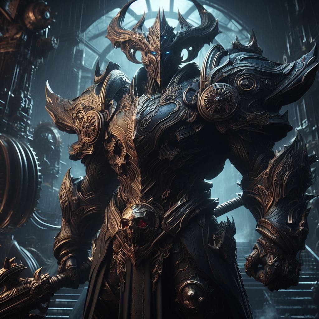 AI generated: Capture Darkforge Jarvan IV in a hyper-realistic photograph set amidst a dark and industrial landsca...