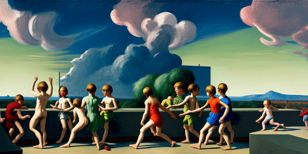 AI generated: neo rauch, edward hopper, david hockney, children playing on rooftop, people looking to horizon, epi...