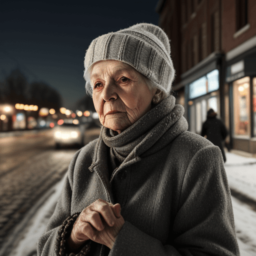 AI generated: photo realistic and detailed of a old woman in the street. Cold winter evening