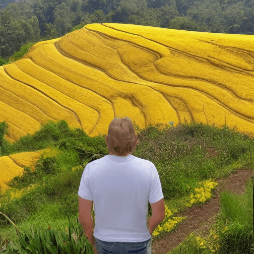 AI generated: a beautiful landscape with yellow terraces and a man