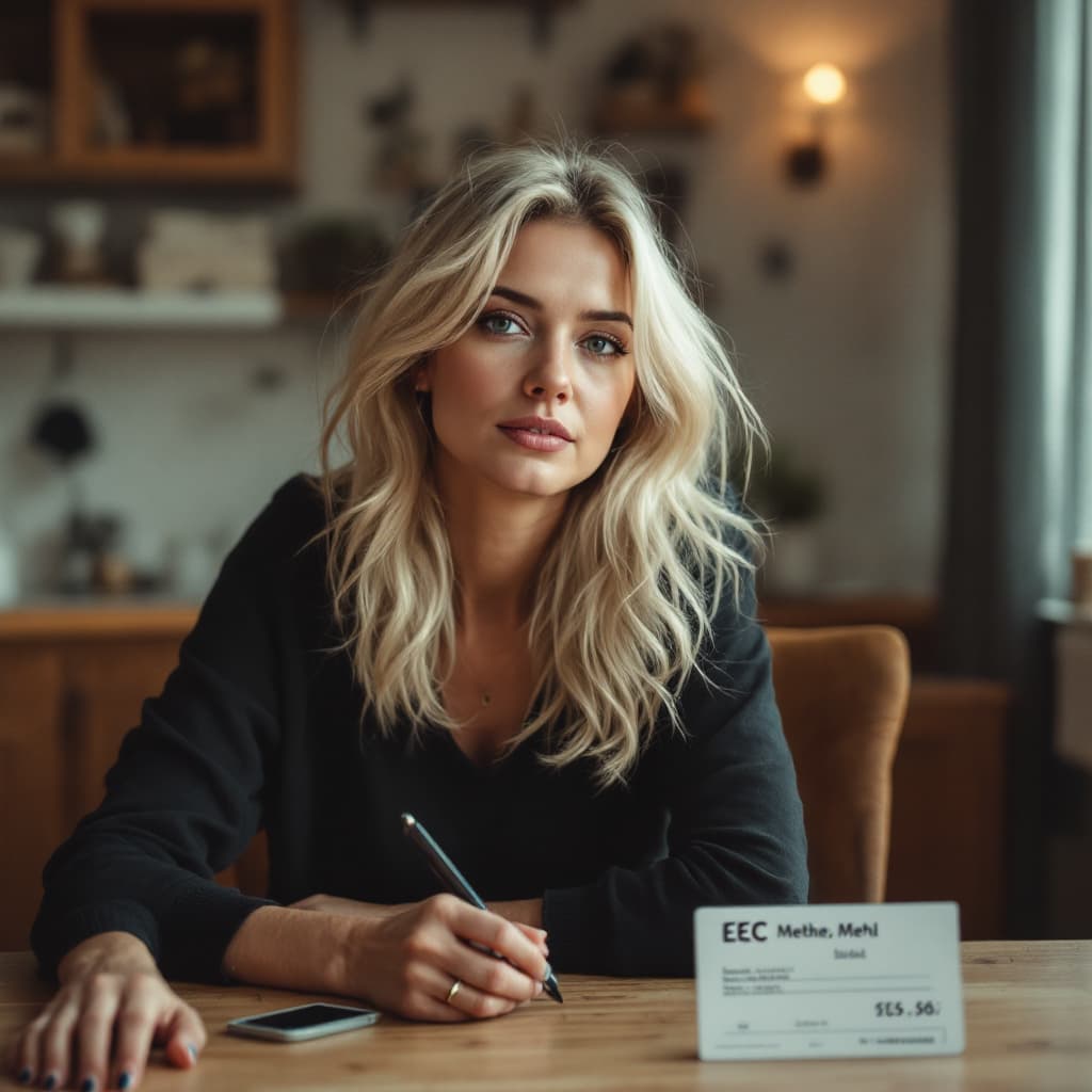 AI generated: Blonde frau sitzt am Tisch, vor ihr liegt eine linie mehl und eine EC Karte