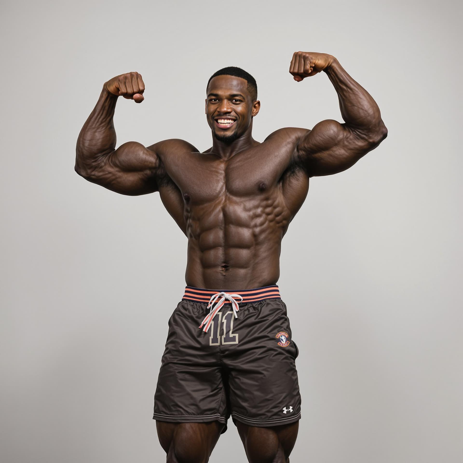 AI generated: a black bodybuilder in gym shorts giving a power pose