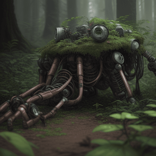 AI generated: a dead old and rusty body of a robot lying in the forrest, plants and flowers grow out of the body o...