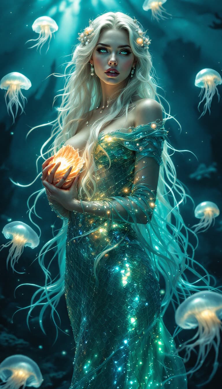 AI generated: An ultra-realistic, full-body static portrayal of a siren woman, exuding a hypnotic allure with a sh...