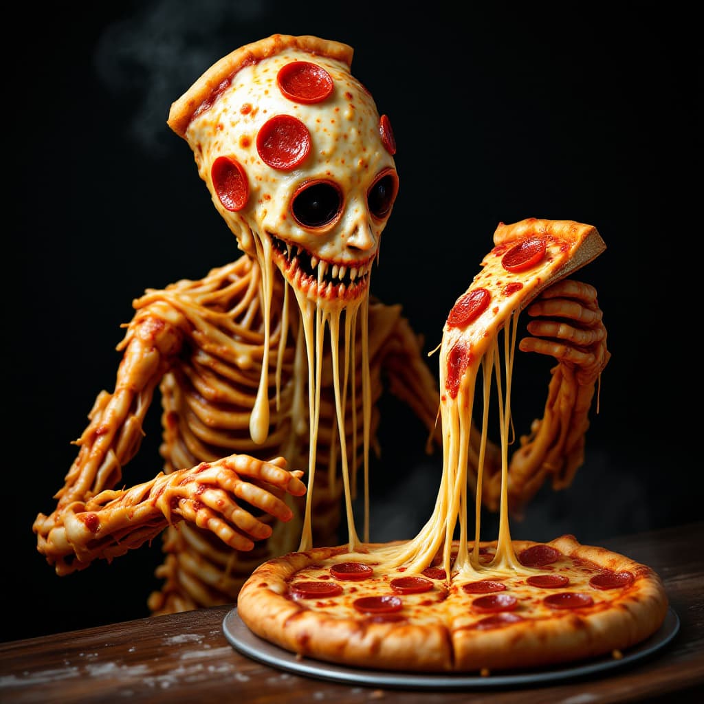 AI generated: a surreal humanoid figure composed entirely of pizza slices, with gooey mozzarella stretching betwee...