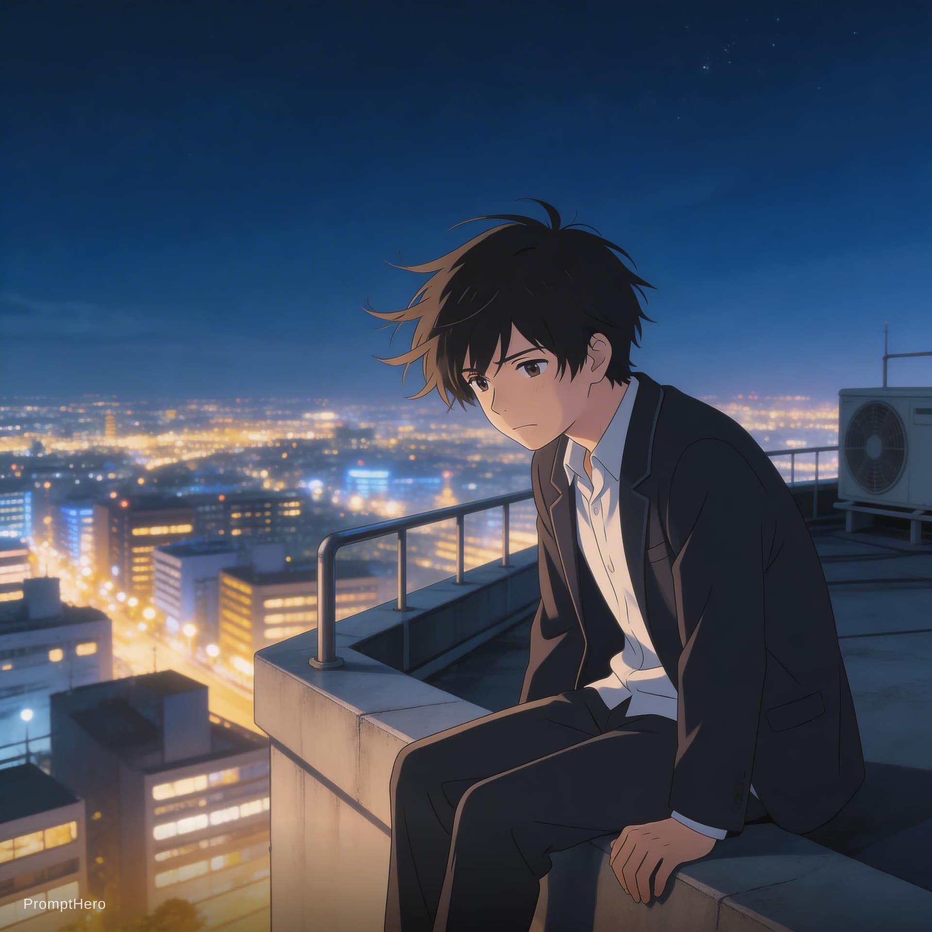 AI generated: anime cinematic scene of a young boy sitting alone on rooftop at night, glowing city lights in backg...