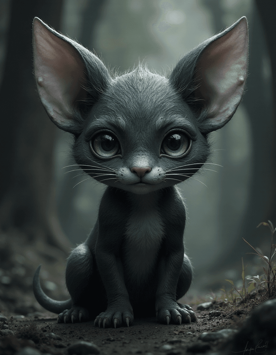 AI generated: olpntng style, Cute little fantasy animal dark creature, dark forest, 4k, symmetrical, soft lighting...