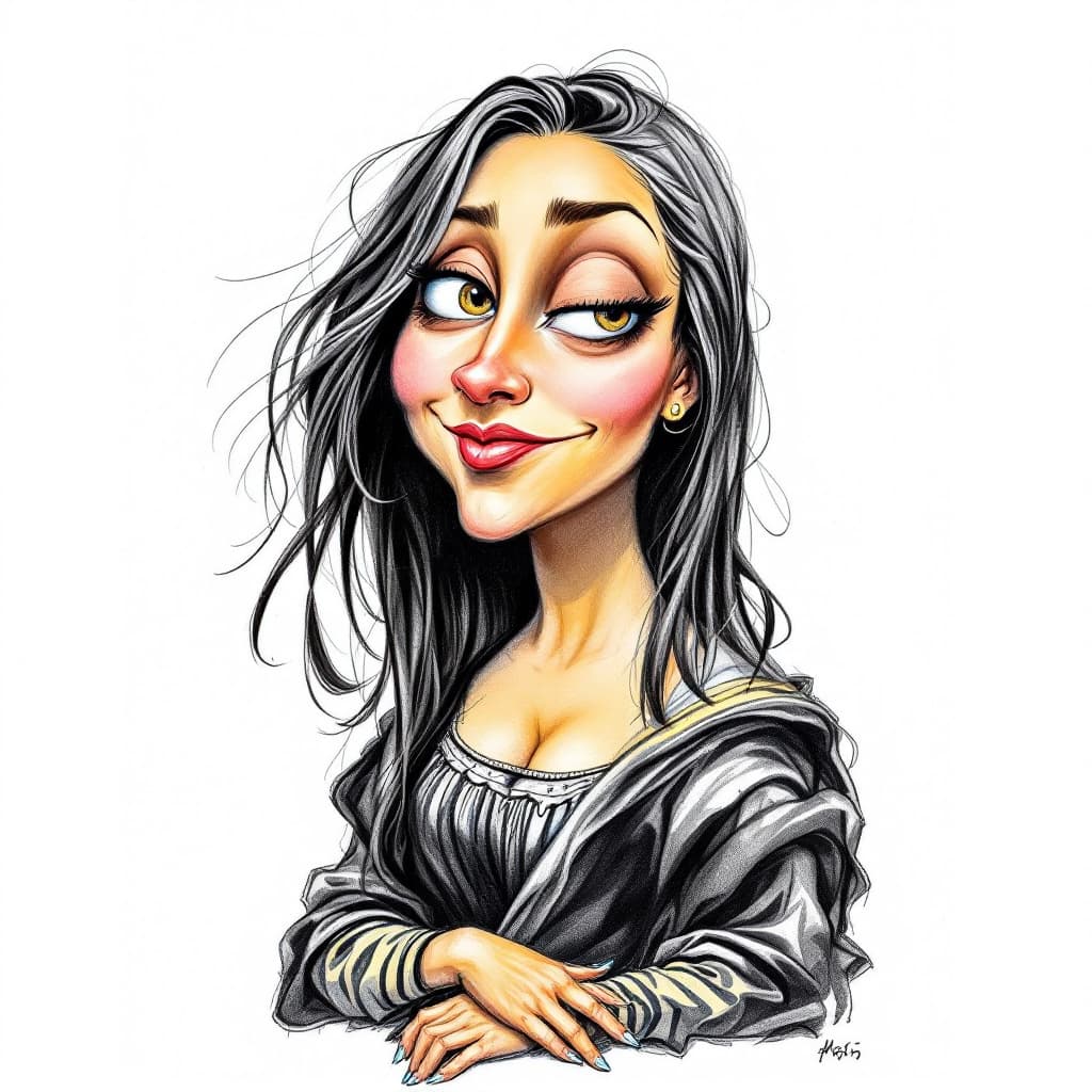 AI generated: Caricatures pencil drawing, Mona Lisa, mid-20's, color pencils, in the style of street caricature ar...