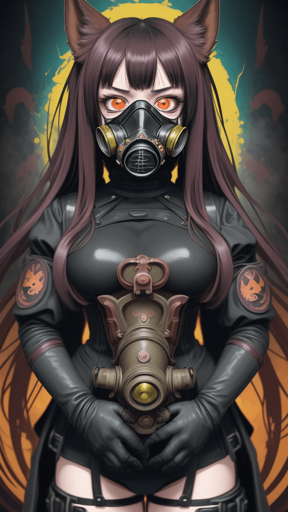 AI generated: complex background portrait of little bestial woman. Wearing a gas mask. Prominent eyes, complex bac...