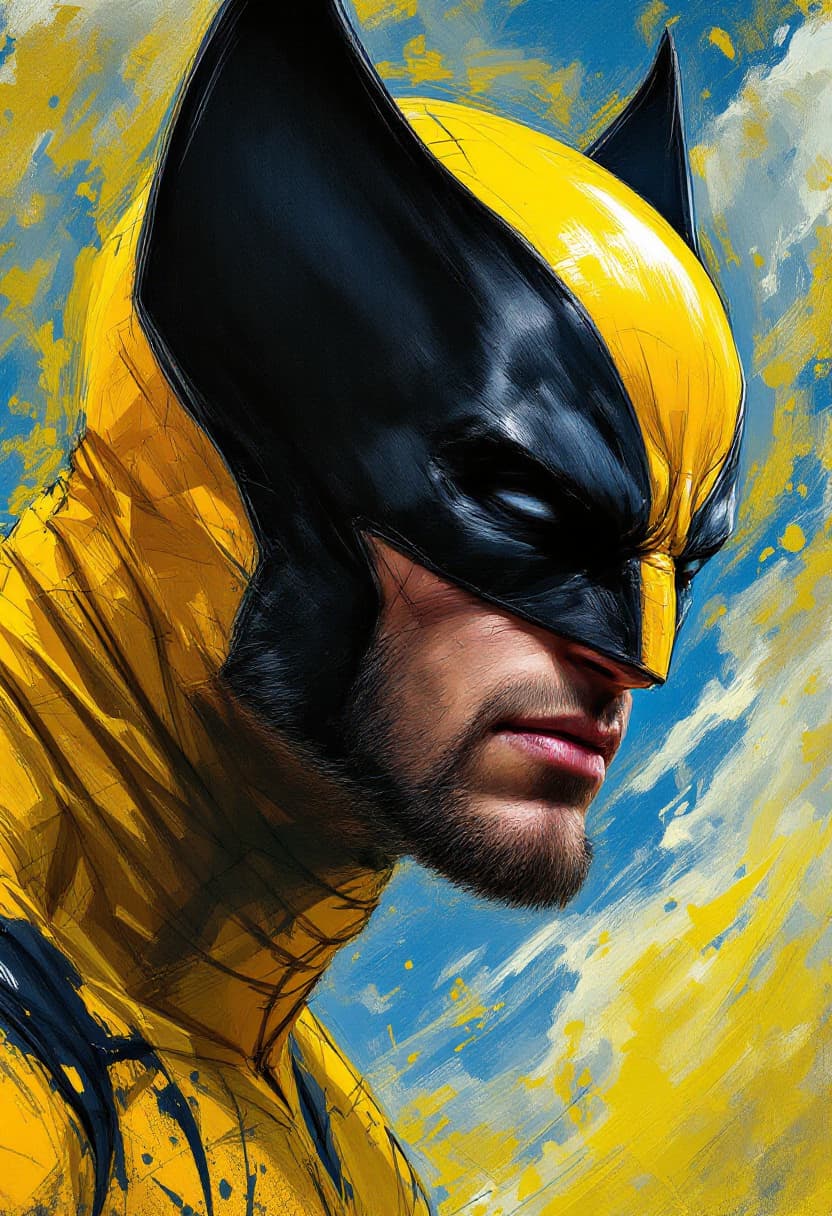 AI generated: 45 degree angled portrait. Dynamic pose. Wolverine, masked, in yellow. Battle scars. Art Nouveau. Ne...