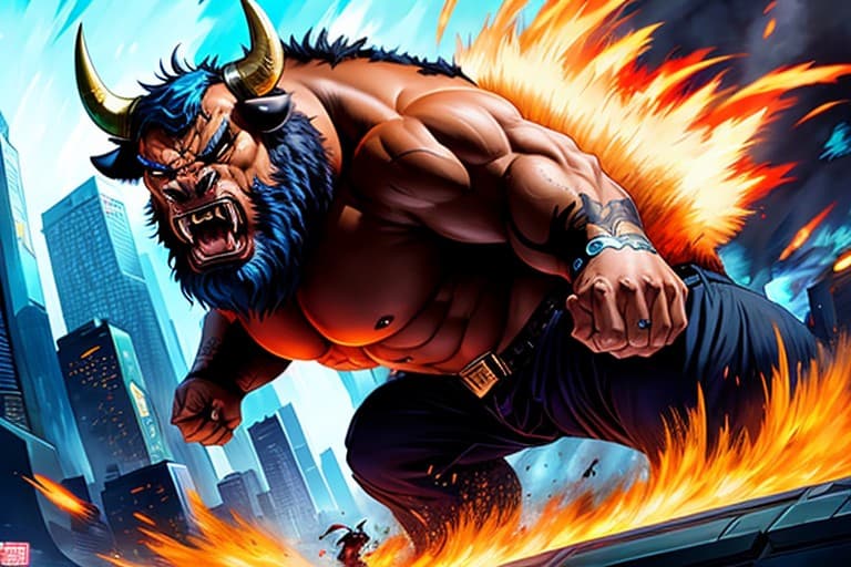 AI generated: gigantic bull raging with anger, style of Frank Hong