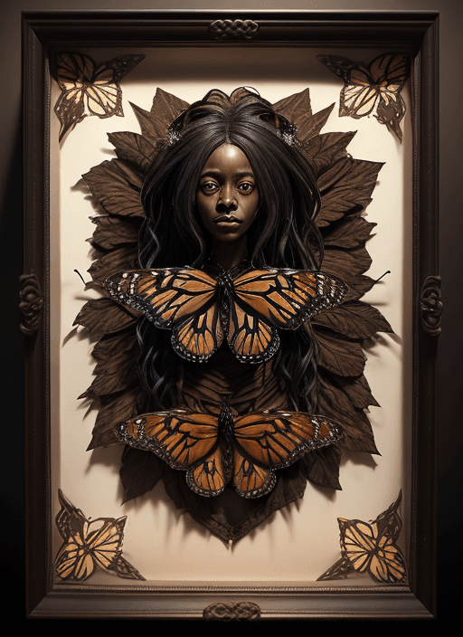 AI generated: (Surreal, photography, nature): Black woman fused with monarch butterfly mounted in shadowbox, volum...