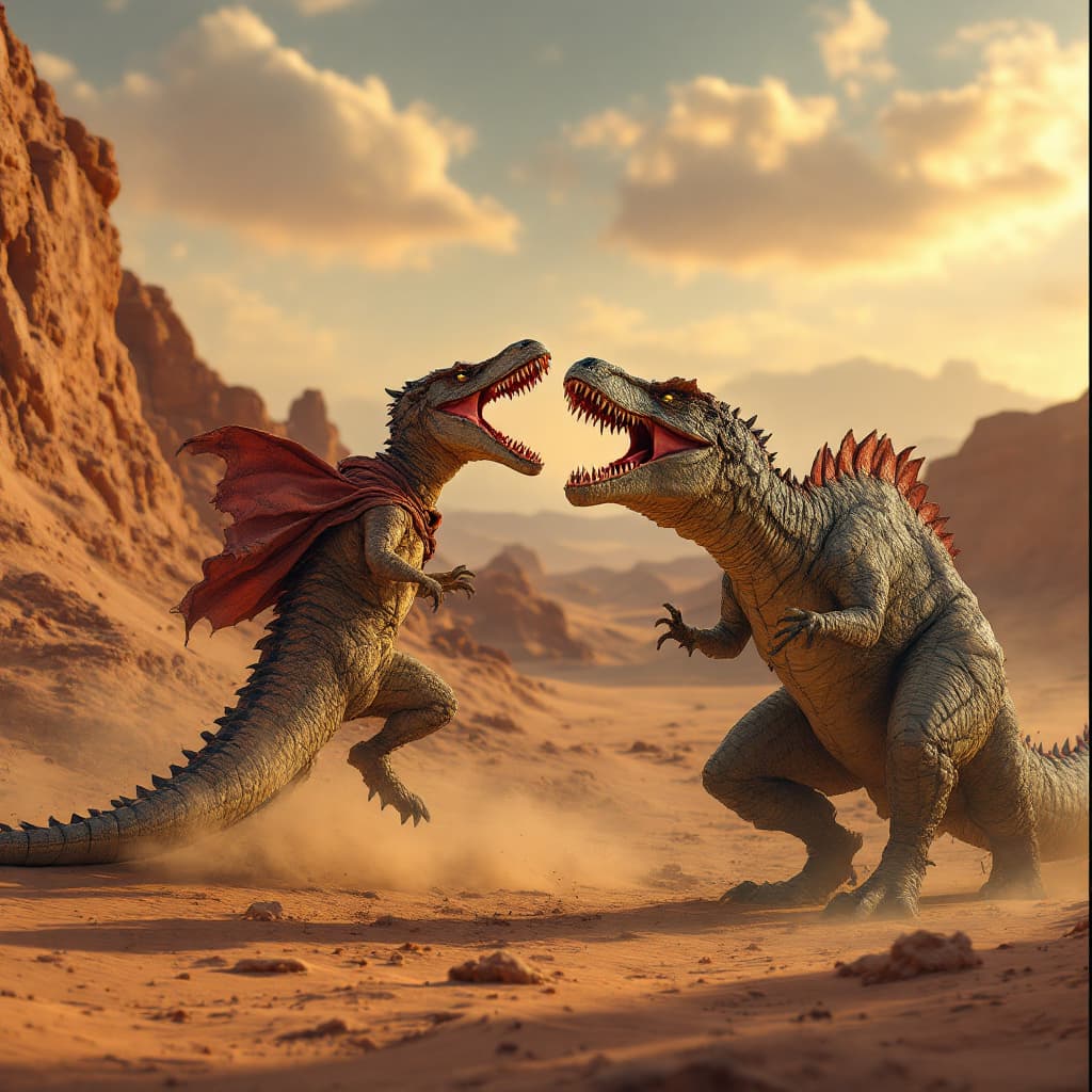 AI generated: Moroccan man with catana fight dinosaur in the desert 