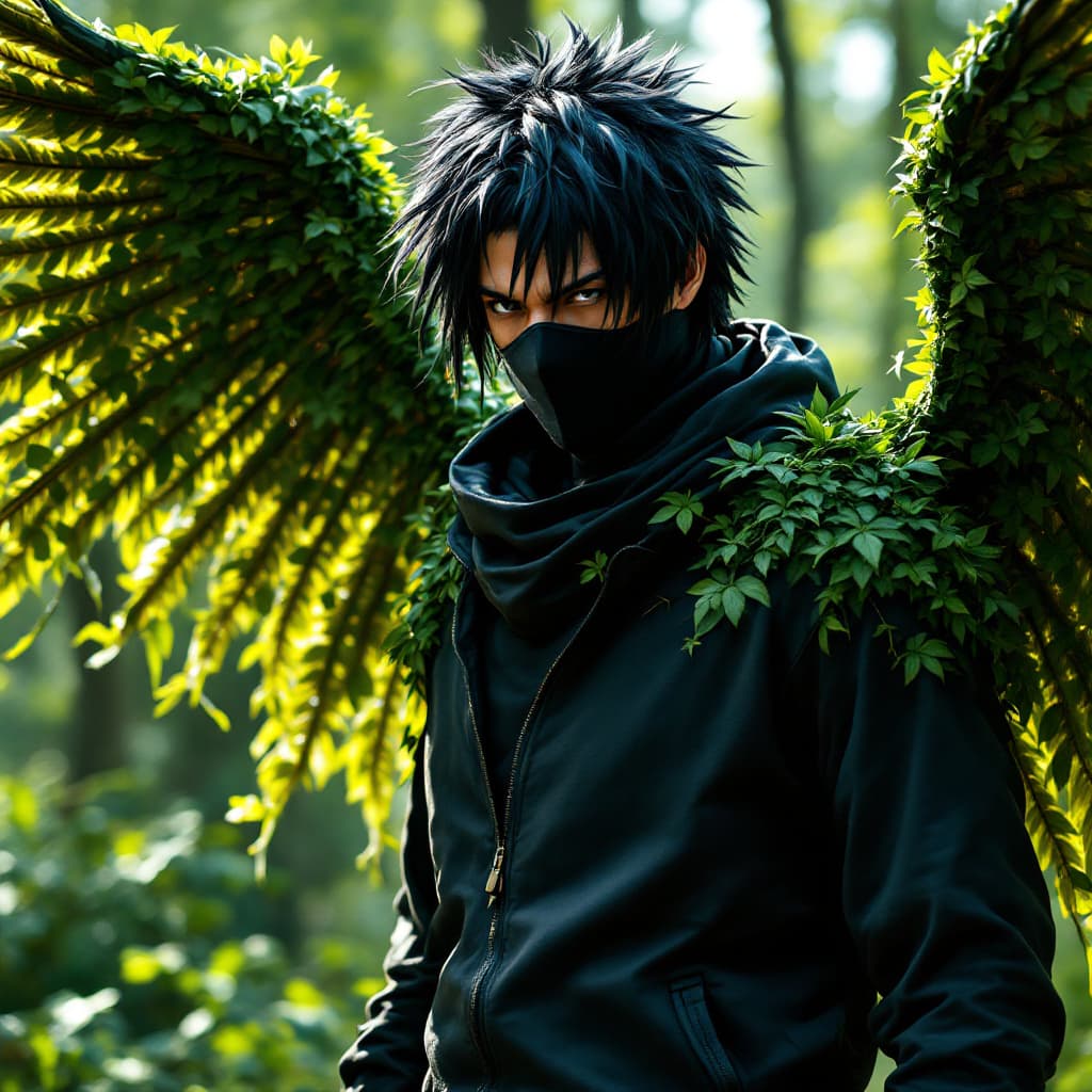 AI generated: ultra detailed photo shot of a  Man ( Sasuke Uchiha) dressed as Nike Ninja , with wings made of ((gr...