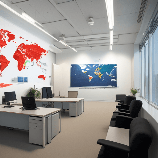 AI generated: High-resolution photograph showcasing a modern office environment with a global theme, emphasizing a...