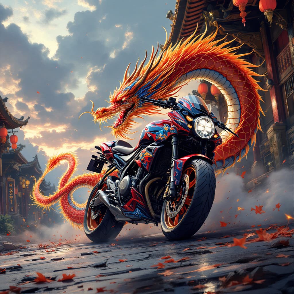 AI generated: Oriental dragón anime style design for they SIDE of a motorcycle