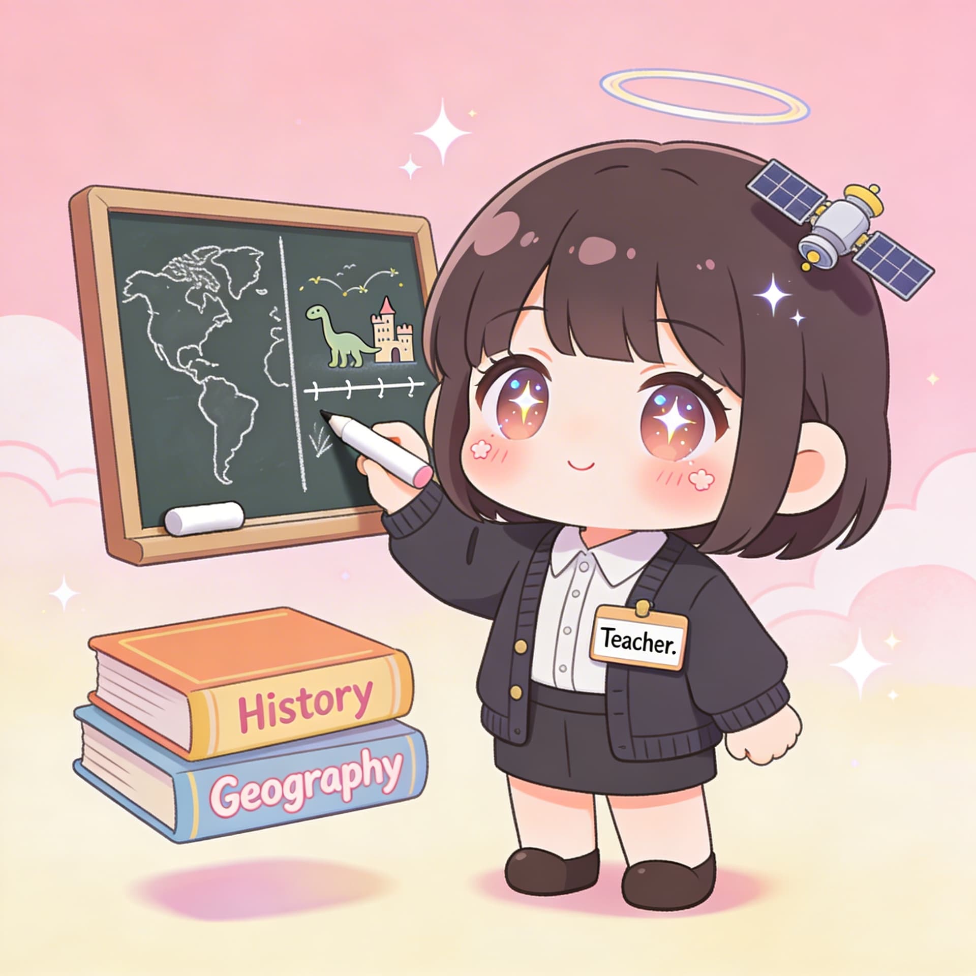 AI generated: A vvv cute chibi anime caricature of a geography and history teacher. Super deformed style: head is ...