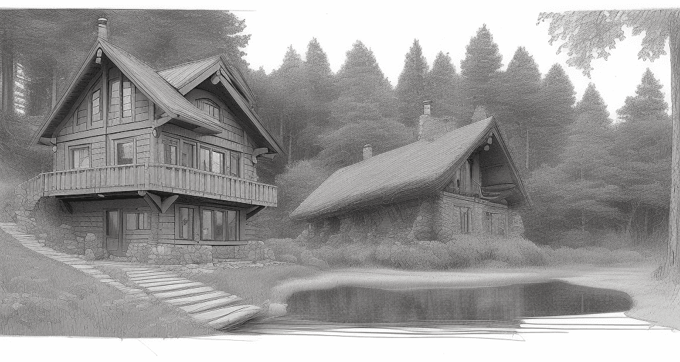 AI generated: A storyboard sketch of a small unique house nestled in the rear of an European forest with a huge fr...