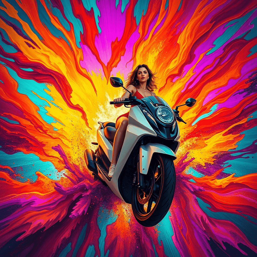 AI generated: artistic, water artistic, water painting style, art piece showing a woman riding a futuristic scoote...