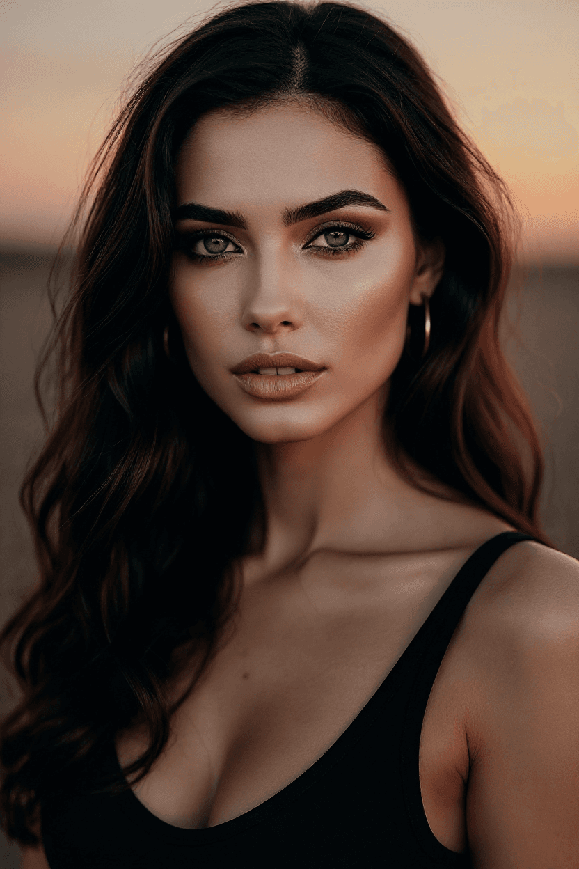AI generated: "Warm, soft lighting, slightly dark tones, dreamy atmosphere. Portrait of a supermodel with long wav...