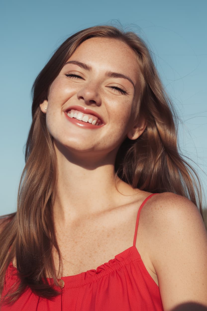 AI generated: A woman, from the front, with long brown hair is captured in a moment of joy. She's wearing a vibran...