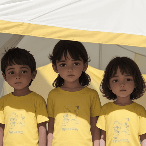 AI generated: a lot of children in yellow T-shirts on the background of a white tent